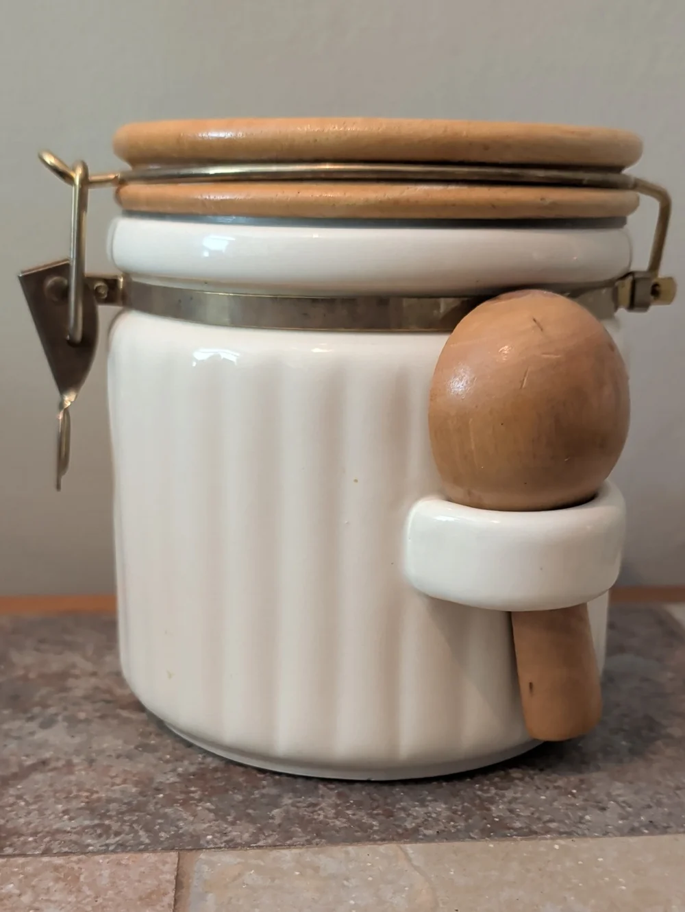 Vintage Ceramic Kitchen Canister with Wooden Spoon n Lid 6